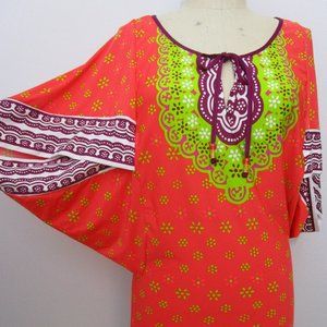 Dashiki Tunic Dress Swim Coverup Print Orange Chartreuse Knit Vaca